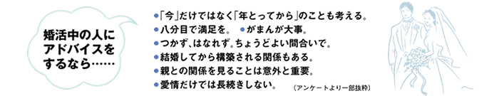 婚活中の人にアドバイスをするなら……　・「今」だけではなく「年をとってから」のことも考える。・八分目で満足を。・がまんが大事。・つかず、はなれず。ちょうどよい間合いで。・結婚してから構築される関係もある。親との関係を見ることは意外と重要。・愛情だけでは長続きしない。